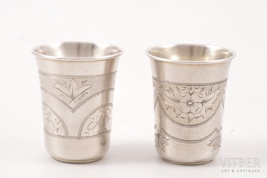 pair of beakers, silver, 84 standart, engraving, 1881, 50.35 g, Moscow, Russia, h 4.9 cm