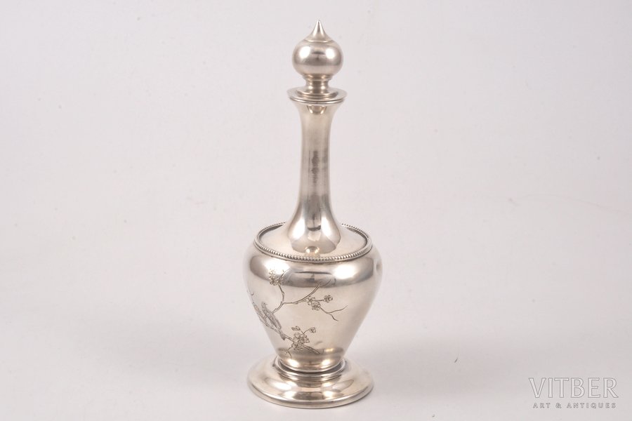 jug, silver, 84 standart, engraving, the end of the 19th century, 101.20 g, Dmitriy Yegorov's workshop, Moscow, Russia, h (with stopper) 14.3 cm, small dents, no hallmarks on stopper