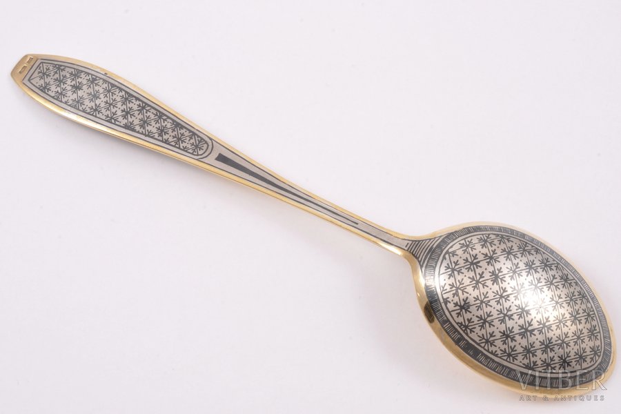 tablespoon, silver, 875 standard, 61.80 g, niello enamel, gilding, 19.8 cm, The "Severnaya Chern" factory of Veliky Ustyug, 1976, Leningrad, USSR