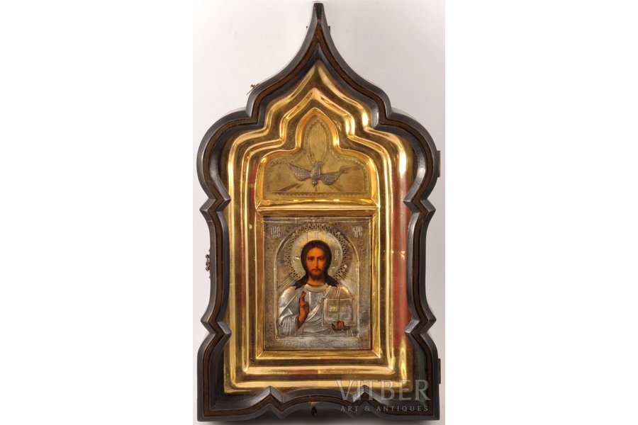 icon, Jesus Christ Pantocrator, in icon case, board, silver, painting, 84 standard, Russia, 1908-1917, 13.2 x 10.7 x 1.85 / 39 x 22.5 x 7.4 cm