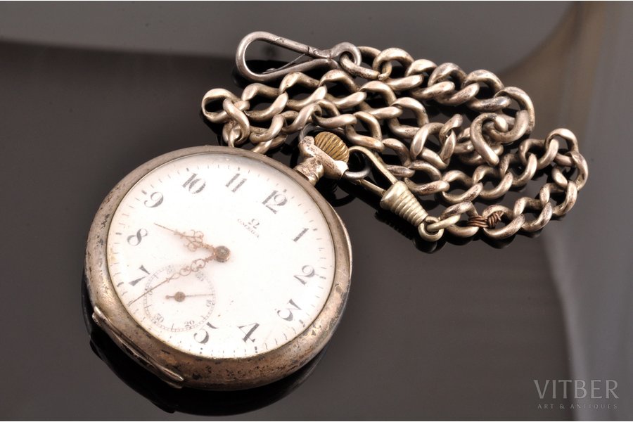 pocket watch, "Omega", with a silver chain, Switzerland, the border of the 19th and the 20th centuries, silver, 800 standart, (total, without chain) 81.40 g, (chain) 32.25 g, 6 x 4.9 cm, Ø 41.7 mm, working well