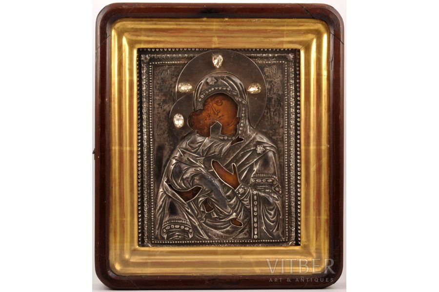 icon, Our Lady of Vladimir, in icon case, board, silver, painting, 84 standard, Russia, 1767, 36.5 x 32 x 7.5 / 27.5 x 21.5 x 2.9 cm, 317.25 g.
