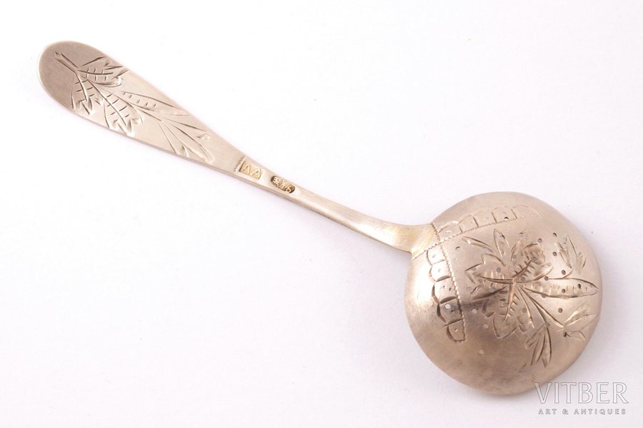 sieve spoon, silver, 84 standard, 22.95 g, engraving, 13.2 cm, 1880-1890, Moscow, Russia