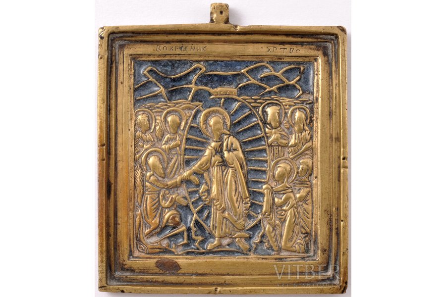 ikona, Kristus Augšāmcelšanās. Nokāpšana ellē, vara sakausējuma, 1-krāsu emalja, Krievijas impērija, 19. un 20. gadsimtu robeža, 6.2 x 5.3 x 0.5 cm, 56.55 g.