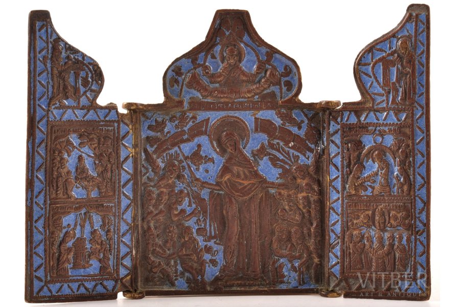 icon with foldable side flaps, Mother of God Joy of All Who Sorrow, copper alloy, 1-color enamel, Russia, the border of the 18th and the 19th centuries, 10 x 14.5 x 0.2 cm, 158.35 g.