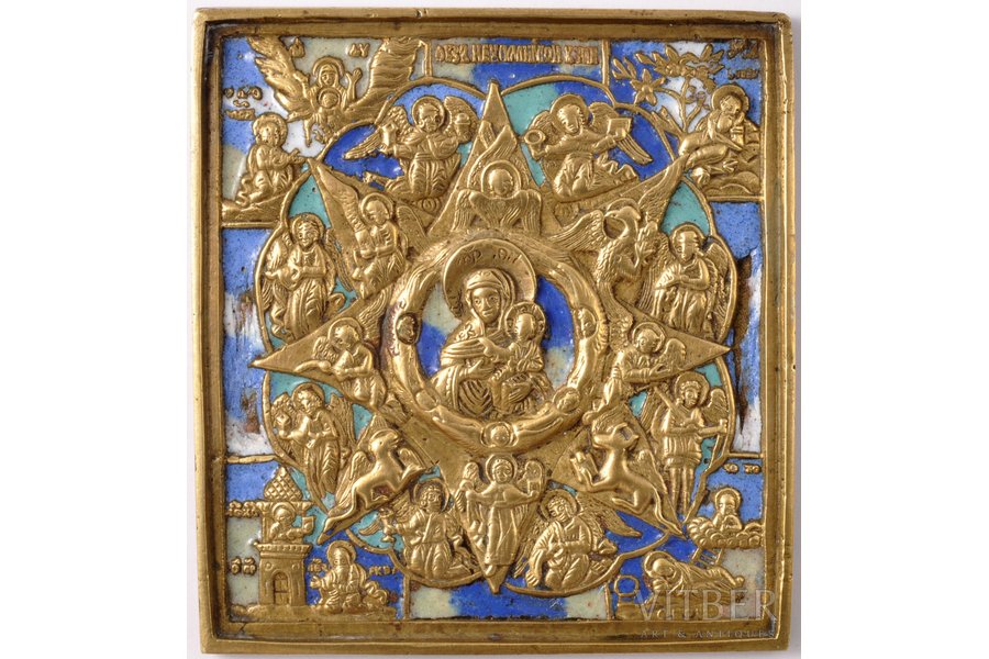 икона, Неопалимая купина, медный сплав, 5-цветная эмаль, Российская империя, 19-й век, 9.7 x 9.1 x 0.5 см, 246.00 г.