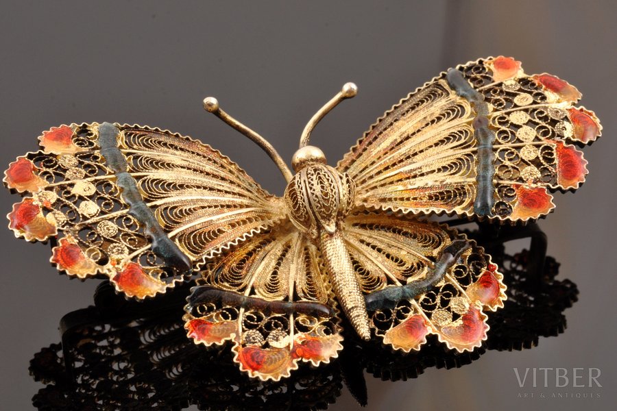 a brooch, "Butterfly", Florence Filigree, silver, enamel, 800 standard, 18.95 g., the item's dimensions 7.9 x 4.2 cm, the 50-60ies of 20th cent., Genova, Italy
