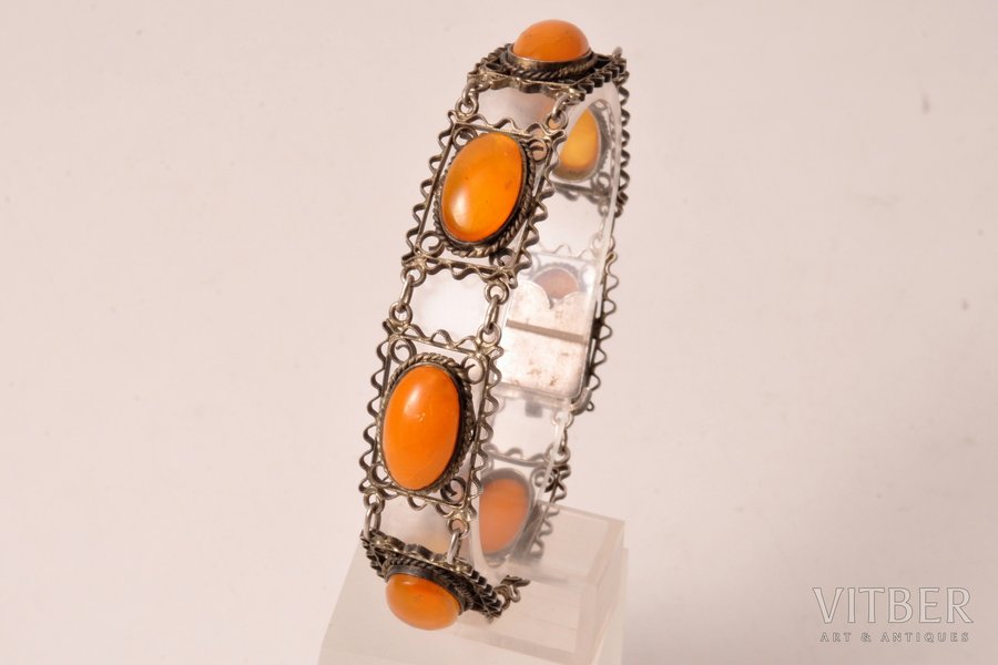 a bracelet, silver, 875 standard, 16.45 g., the item's dimensions 19 cm, amber, the 30ties of 20th cent., Latvia