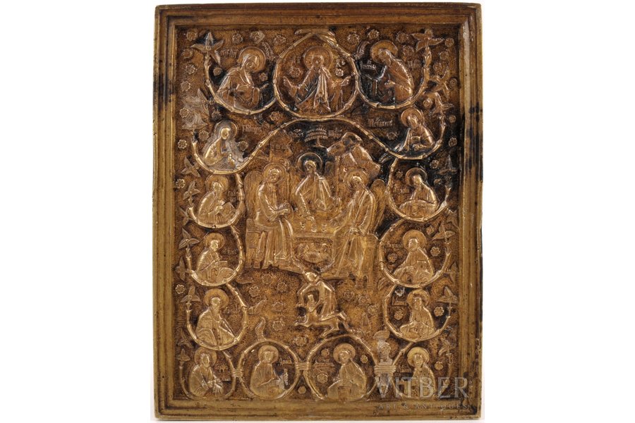 ikona, Vecās Derības Svētā Trīsvienība ar Jēzu Kristu un apustuļiem (ar upura teļu), misiņš, Krievijas impērija, 19. gs., 18.2 x 14.3 x 0.5 cm, 796.25 g.
