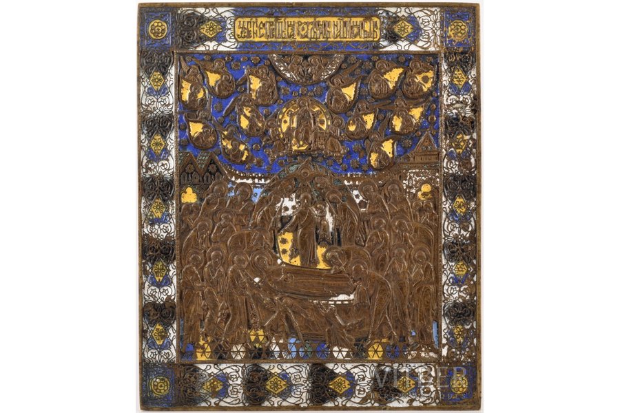 ikona, Vissvētās Jaunavas Marijas Aizmigšana, vara sakausējuma, 6-krāsu emalja, Krievijas impērija, 19. gs., 28.8 x 24 x 0.5 cm, 2000 g.