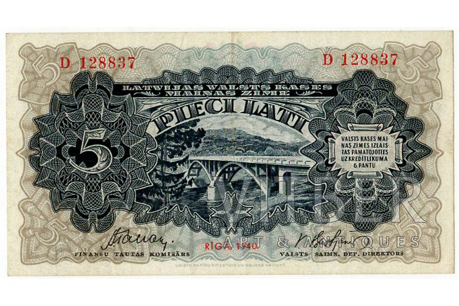 5 lati, banknote, 1940 g., Latvija