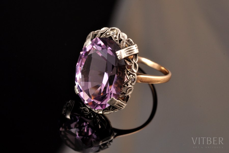 a ring, gold, silver, 585, 875 standard, 3.90 g., the size of the ring 16.5, amethyst, diamonds, the 30ties of 20th cent., Latvia