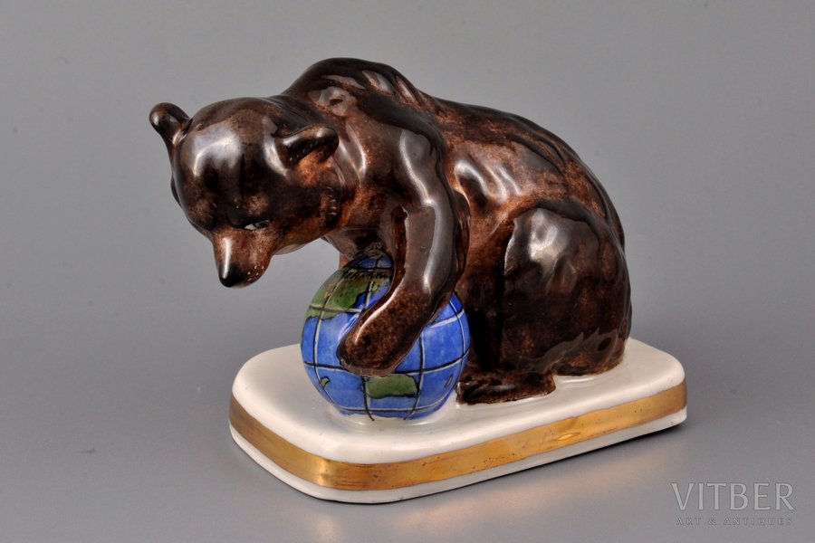 figurine, the Bear, porcelain, Riga (Latvia), Riga porcelain factory, handpainted by Antonina Pashkevich, 9 cm