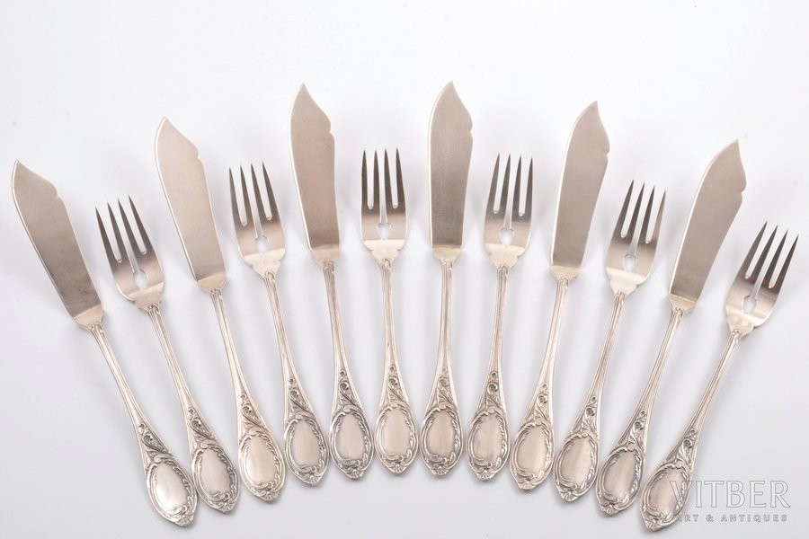 flatware set (6 forks, 6 knives), silver, 875 standart, the 20-30ties of 20th cent., 687.10 g, by Julijs Blums, Latvia, (fork) 18 cm, (knife) 21.6 cm, no hallmark "875" (made to order)