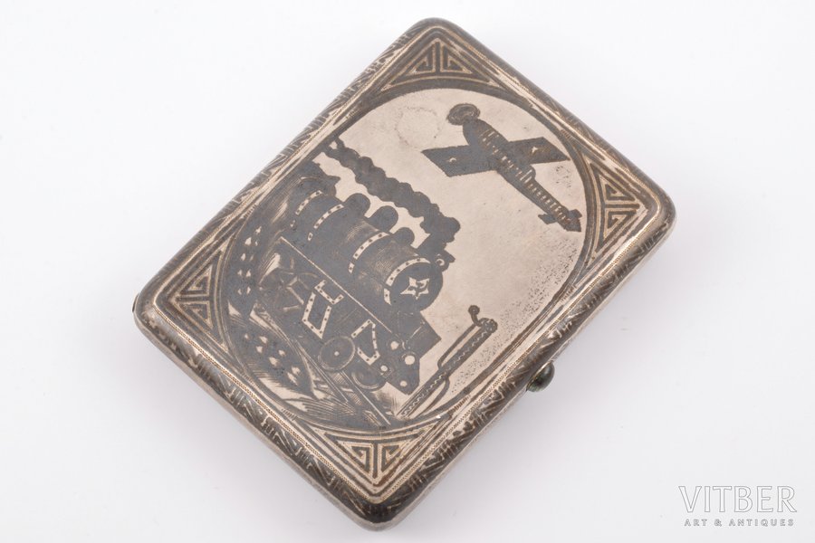 cigarette case, silver, 875 standard, 166.40 g, engraving, niello enamel, 10.6 x 8 x 1.8 cm, 1934, Moscow, USSR