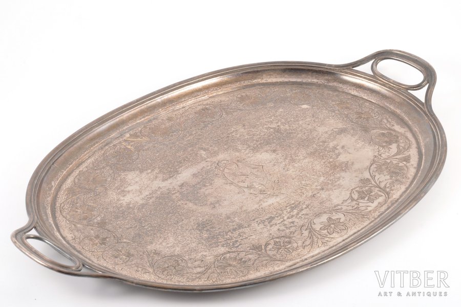 tray, silver, 84 standard, 727.40 g, engraving, 40.2 x 25.2 cm, workshop of Pavel Ovchinnikov, 1872, Moscow, Russia