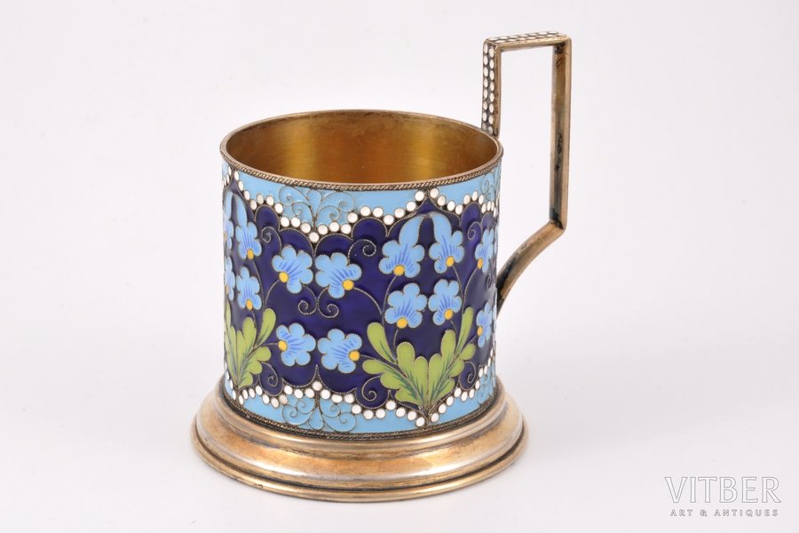 tea glass-holder, silver, 916 standard, 193.95 g, cloisonne enamel, gilding, h (with handle) = 10 cm, Leningrad Jewelry Factory, 1967, Leningrad, USSR