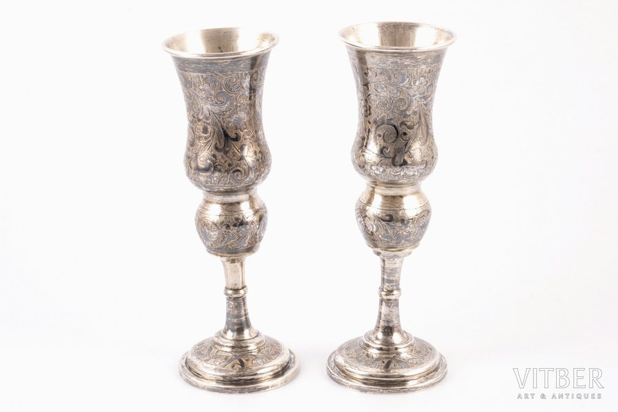 pair of cups, silver, 84 standard, 120.30 + 119.85 g, niello enamel, h 17.2 cm, craftsman unknown, 1855, Moscow, Russia
