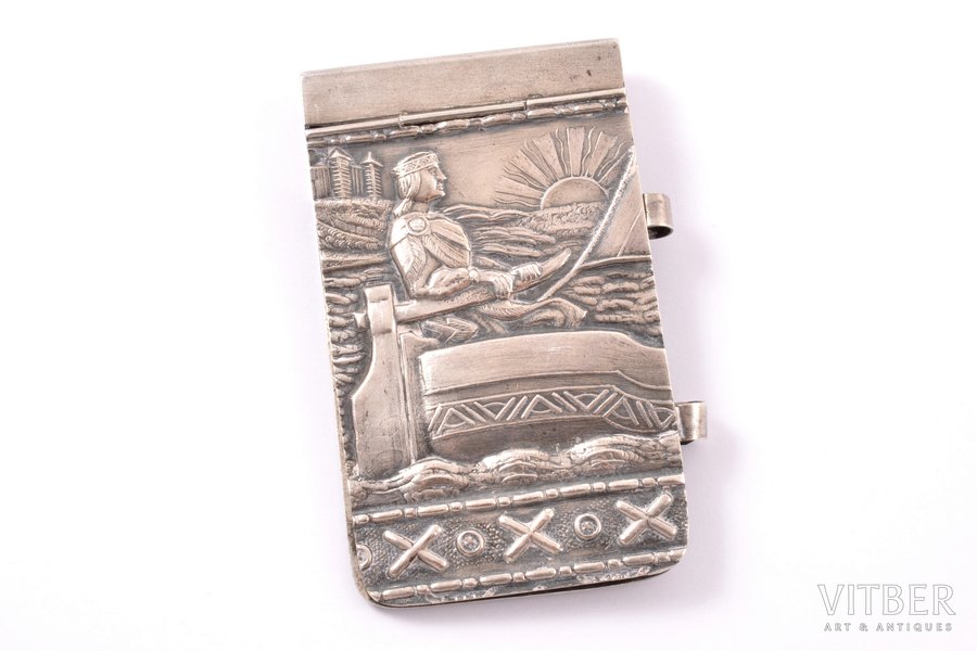notebook cover, silver, folk motive, 875 standard, 27.15 g, silver stamping, 7.1 x 4.5 x 0.7 cm, the 20-30ties of 20th cent., Latvia