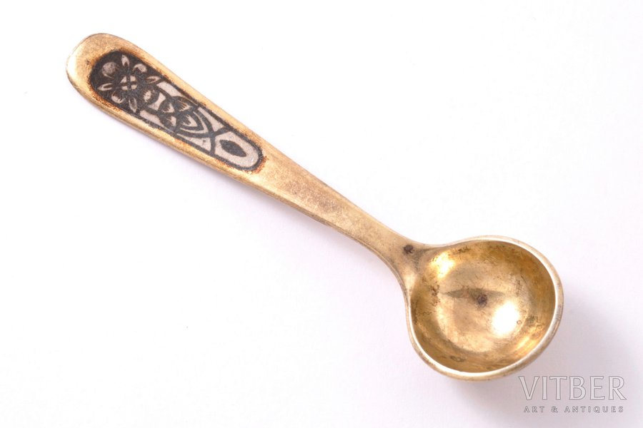 spoon for salt, silver, 875 standard, 7.05 g, niello enamel, gilding, 7 cm, artel "Severnaya Chern", 1986, Veliky Ustyug, USSR