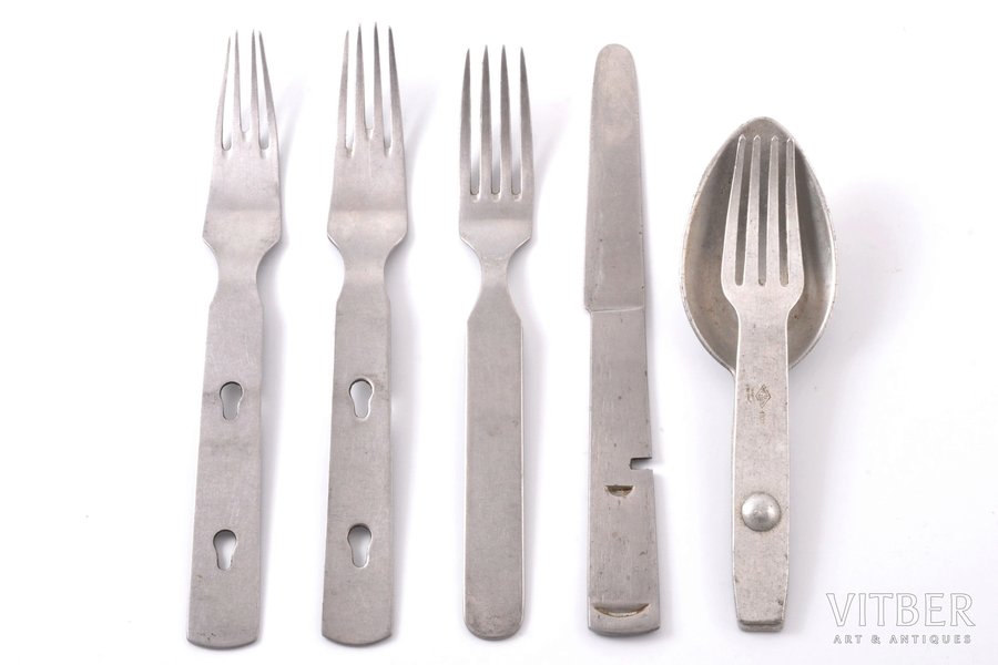 flatware set, Third Reich, 5 items - 3 forks, knife, foldable fork + spoon, 19.5 / 15.3 cm, aluminium, Germany, the 40ies of 20th cent.