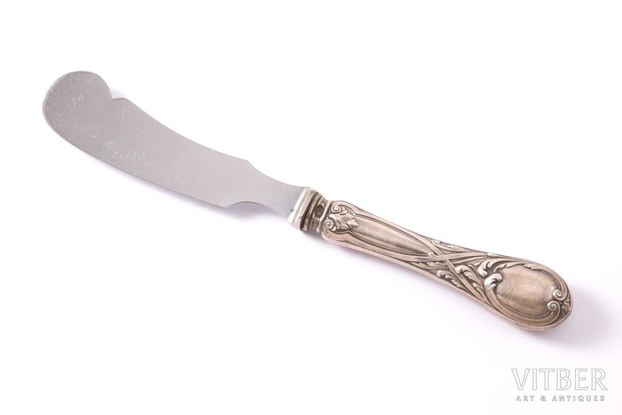 butter knife, silver, 84 standard, 72.25 g, (item total weight), 19.7 cm, 1908-1917, St. Petersburg, Russia