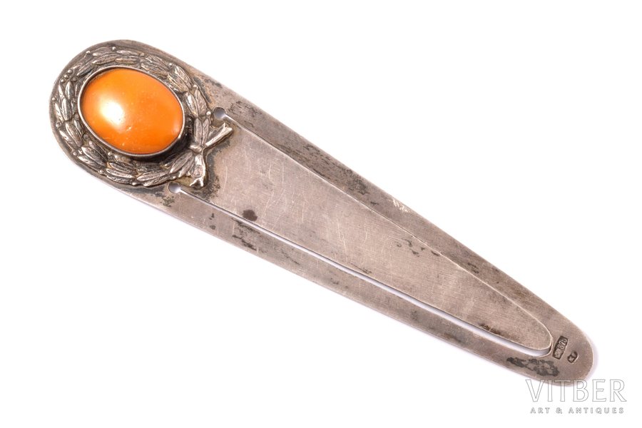 bookmark, silver, with amber, 875 standard, 8 g, 9.3 x 2.3 cm, the 30ties of 20th cent., Latvia