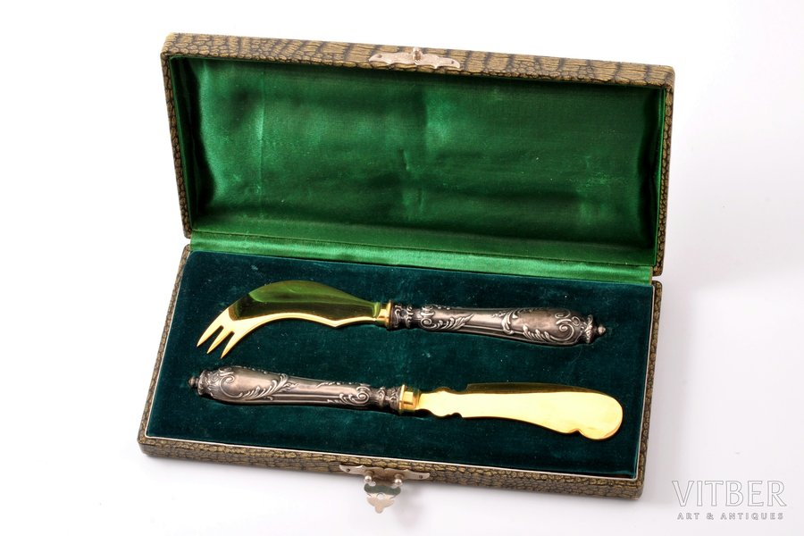 flatware set, silver, metal, gilding, 2 pcs, 84 standard, 114.15 g, (total weight of items), gilding, 20.8 cm, 19.7 cm, 1908-1917, Moscow, Russia, in original box, excellent condition