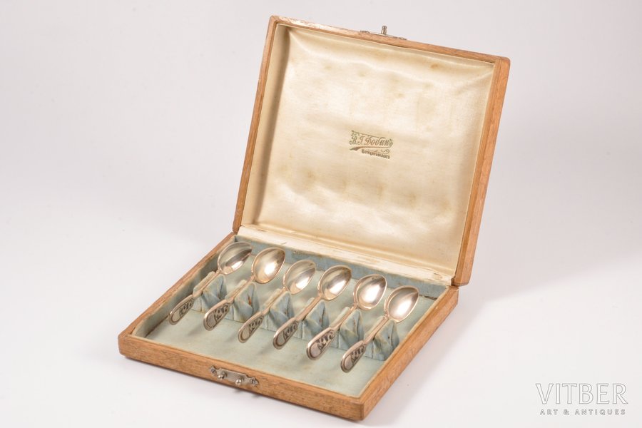 set of coffee spoons, silver, in an original case, 84 standard, 80.35 g, engraving, niello enamel, 10 cm, 1899-1908, Moscow, Russia