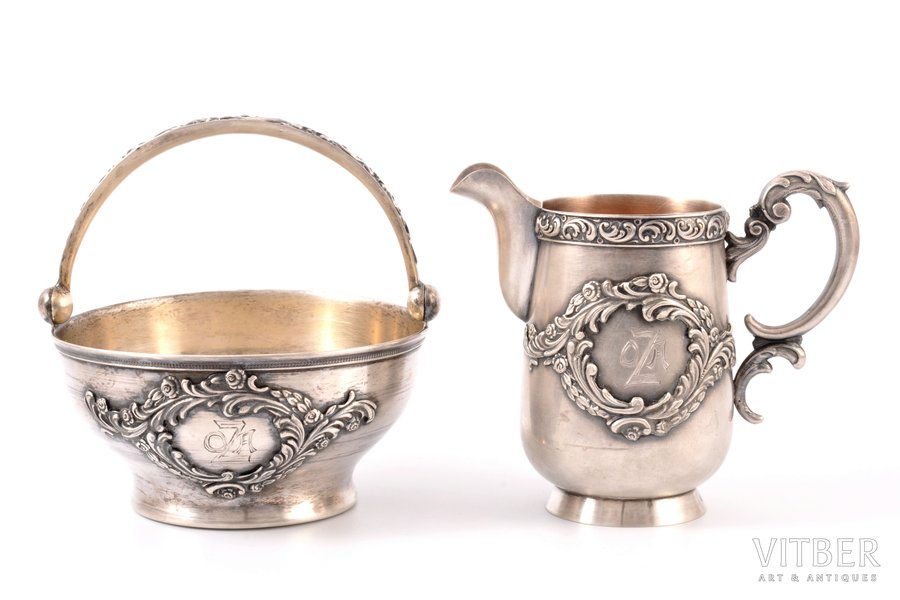 set of sugar-bowl and cream jug, silver, 875 standart, the 30ties of 20th cent., 116.70+110.35 g, by Ludwig Rozentahl, Latvia, cream jug h 9.8 cm, sugar-bowl Ø 10.4 cm