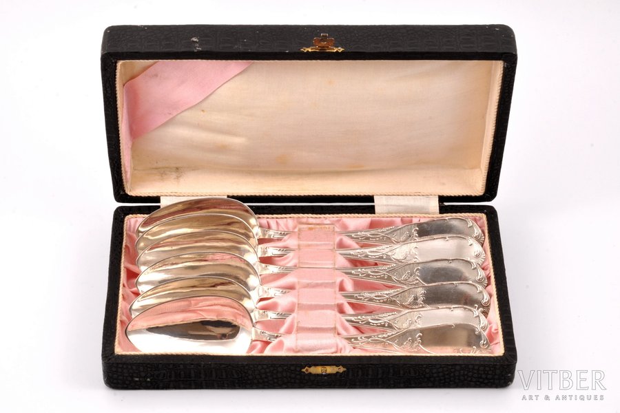set of soup spoons, silver, 6 pcs, 875 standard, 323.10 g, 22 cm, the 30ties of 20th cent., Latvia, in a box