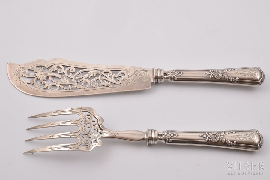 fish serving set, silver, 950 standart, engraving, the border of the 19th and the 20th centuries, 278.10 g, France, (knife) 28.8 cm, (fork) 25 cm
