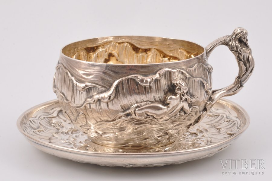 tea pair, silver, Art Nouveau, 375.15 g, Europe, h (cup) 5.7 cm, Ø (saucer) 14.5 cm