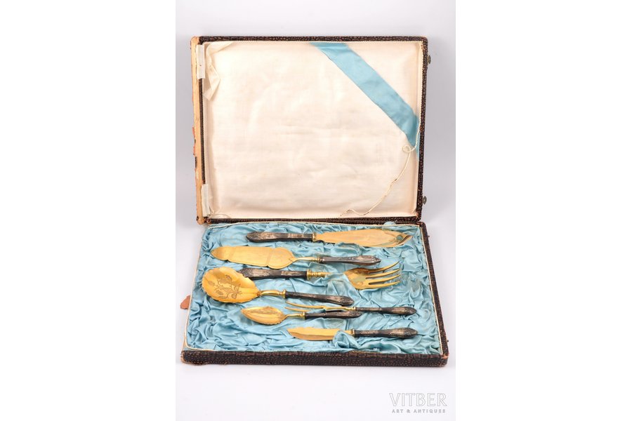 flatware set, silver, 7 items, 875 standard, 545.6 g, (total weight of items), gilding, 27.5 / 27.2 / 25.2 / 23 / 19.3 / 18.6 / 17.6 cm, the 30ties of 20th cent., Latvia, in a box