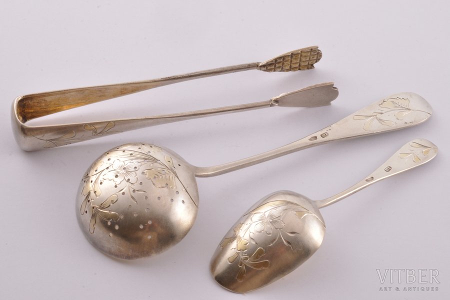 sugar tongs, flatware set, sieve spoon, sugar spoon, silver, 84 standart, engraving, the border of the 19th and the 20th centuries, (total) 84.05 g, Moscow, Russia, (sugar tongs) 13 cm, (sugar spoon) 10.8 cm, (powdered sugar spoon) 15 cm