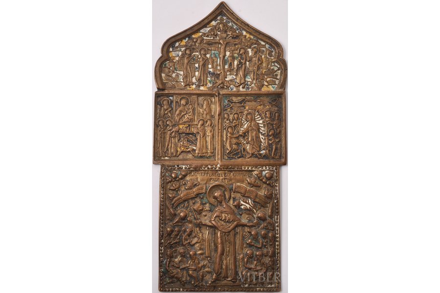 icon, Mother of God Joy of All Who Sorrow, with chosen icons, copper alloy, Russia, the 18th cent., 19.6 x 8.9 x 0.4 cm, 285.05 g.