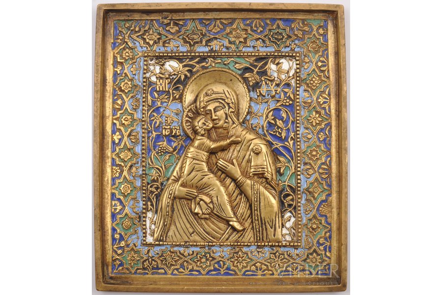 ikona, Vladimiras Dievmāte, vara sakausējuma, 5-krāsu emalja, Krievijas impērija, 19. gs., 13.8 x 12 x 0.7 cm, 480.90 g.