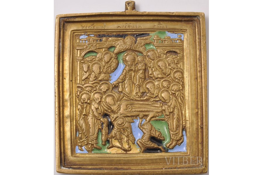 icon, Dormition of the Mother of God, copper alloy, 4-color enamel, Russia, the 19th cent., 5.6 x 5.2 x 0.5 cm, 79.40 g.