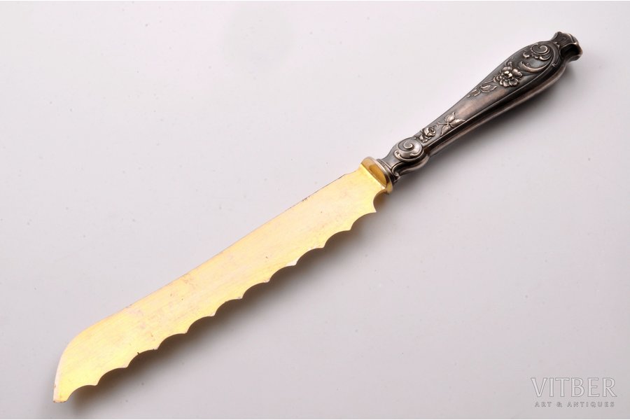 bread knife, silver, metal, gilding, 84 ПТ, 800 standard, 102.45 g, (item total weight), gilding, 29 cm, the border of the 19th and the 20th centuries