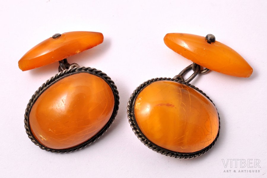 cufflinks, silver, 875 standard, 4.85 g., the item's dimensions 2 x 1.56 cm, amber, the 30ties of 20th cent., Latvia
