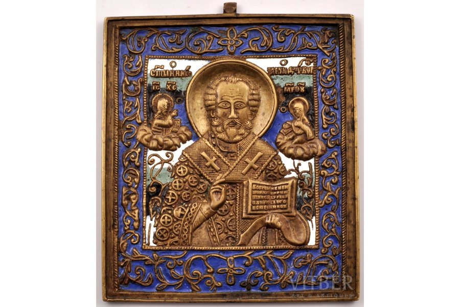 ikona, Svētais Nikolajs Brīnumdarītājs, vara sakausējuma, 4-krāsu emalja, Krievijas impērija, 19. un 20. gadsimtu robeža, 11.3 x 9.6 x 0.5 cm, 309.20 g.
