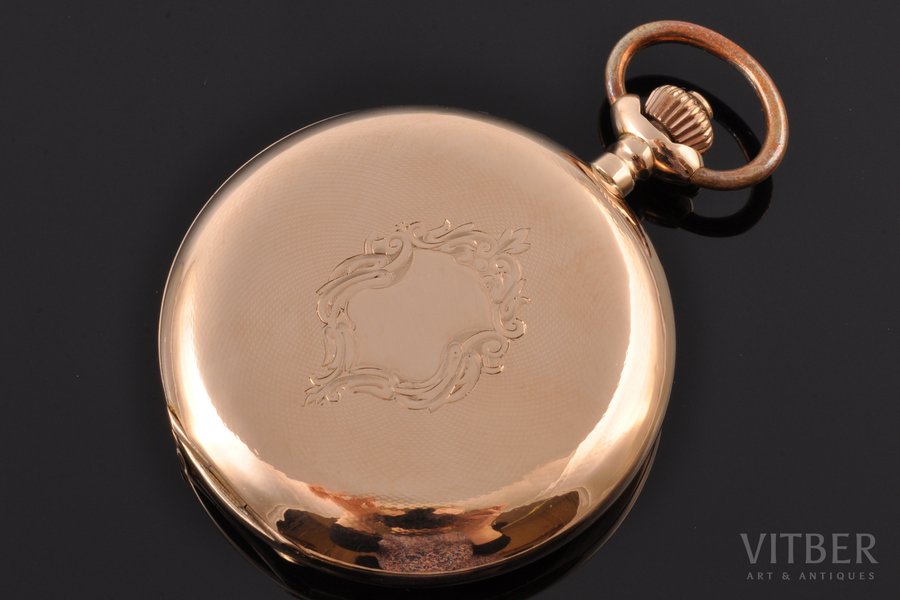 карманные часы, с цепочкой из позолоты, Швейцария, рубеж 19-го и 20-го веков, золото, металл, позолота, 585 проба, (общий) 92.85 г, 6.6 x 5.2 см, Ø 43 мм, в рабочем состоянии
