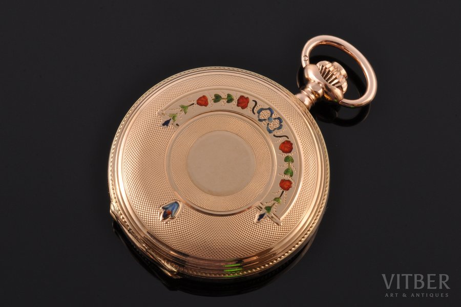 kabatas pulkstenis, "Union Horlogere", Šveice, 20. gs. sākums, zelts, metāls, emalja, 585 prove, (kopējs) 20.35 g, 3.7 x 2.9 cm, Ø 24 mm, darbojas