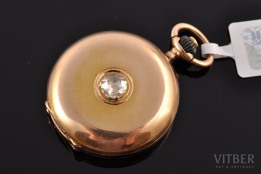 карманные часы, с алмазом, Швейцария, начало 20-го века, золото, 56, 585 проба, 17.67 г, 33.5 x 26.5 x 10 см, Ø 20 мм