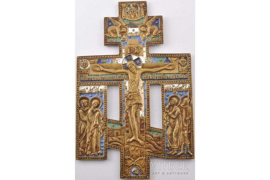 cross, The Crucifixion of Christ with The Mother of God and saint Martha, on left plate and John the Evangelist and martyr Longinus on the right plate, copper alloy, 5-color enamel, the 19th cent., 22.5 x 14.6 x 0.5 cm, 550.75 g.