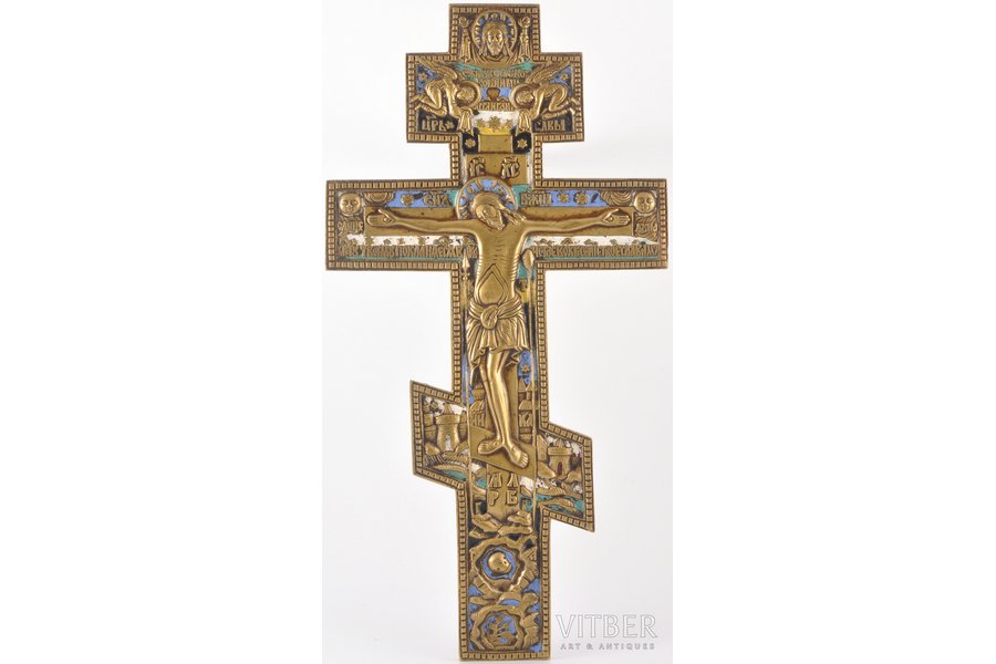 крест, Распятие Христово, медный сплав, 5-цветная эмаль, Российская империя, 19-й век, 36.2 x 18.8 x 0.7 см, 1136.8 г.