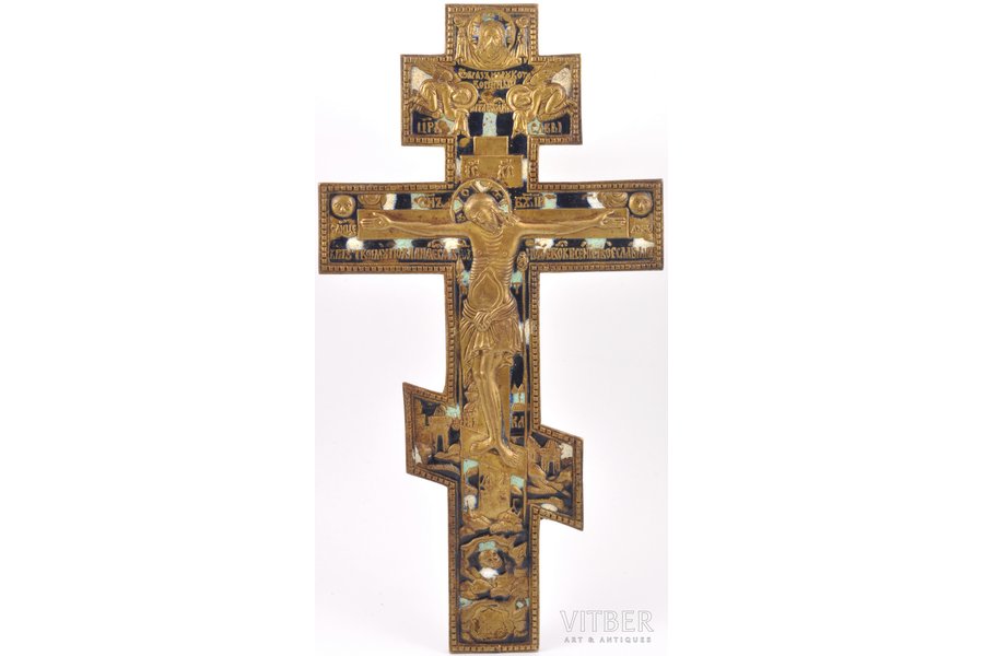 крест, Распятие Христово, медный сплав, 3-цветная эмаль, Российская империя, 19-й век, 38.1 x 19.9 x 0.7 см, 895.4 г.