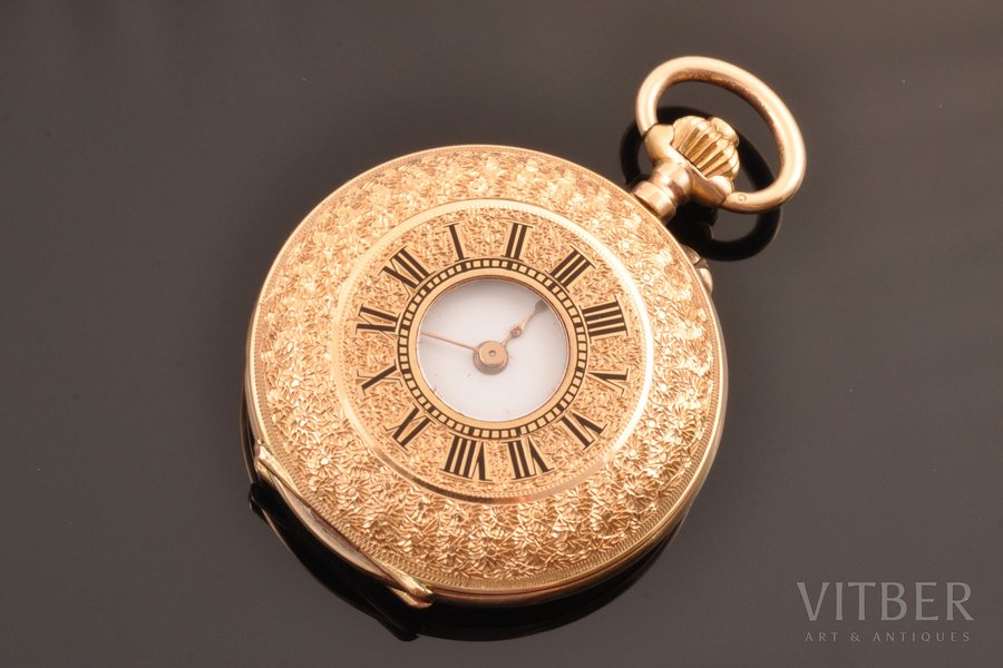 kabatas pulkstenis, Šveice, 20. gs. sākums, zelts, metāls, 585 prove, (kopējs) 21.20 g, 3.8 x 3 cm, Ø 23 mm, darbojas