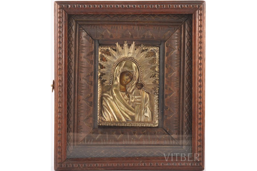 icon, Our Lady of Kazan, in icon case, board, silver, painting, 84 standart, Russia, the beginning of the 19th cent., 10.9 x 8.5 x 0.7 cm, (oklad) 44.80 g., icon case 21.7 x 19.3 x 5 cm