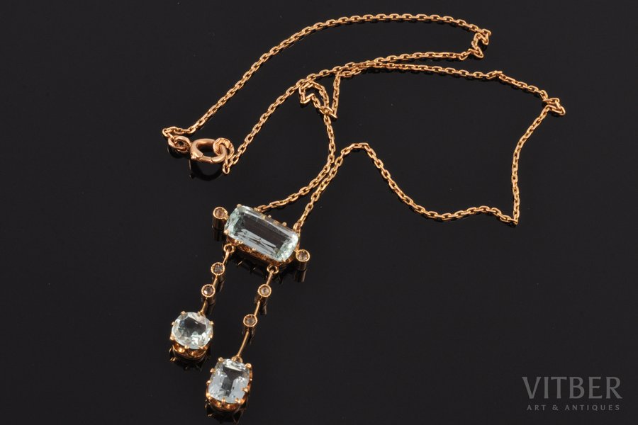 a necklace, gold, 56 standart, 7.45 g., the item's dimensions (chain length) 37 cm, aquamarine, the beginning of the 20th cent., St. Petersburg, Russia, jewellery and gem identification report by Assay Office of Latvia